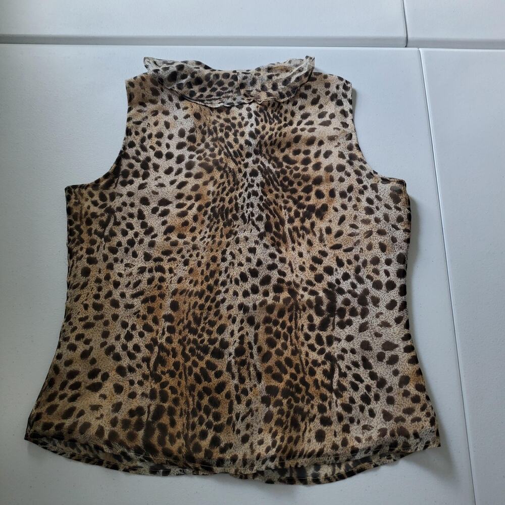 90s Silkland Blouse Womens Medium Brown Leopard Silk Ruffle Sleeveless Top - Picture 2 of 9